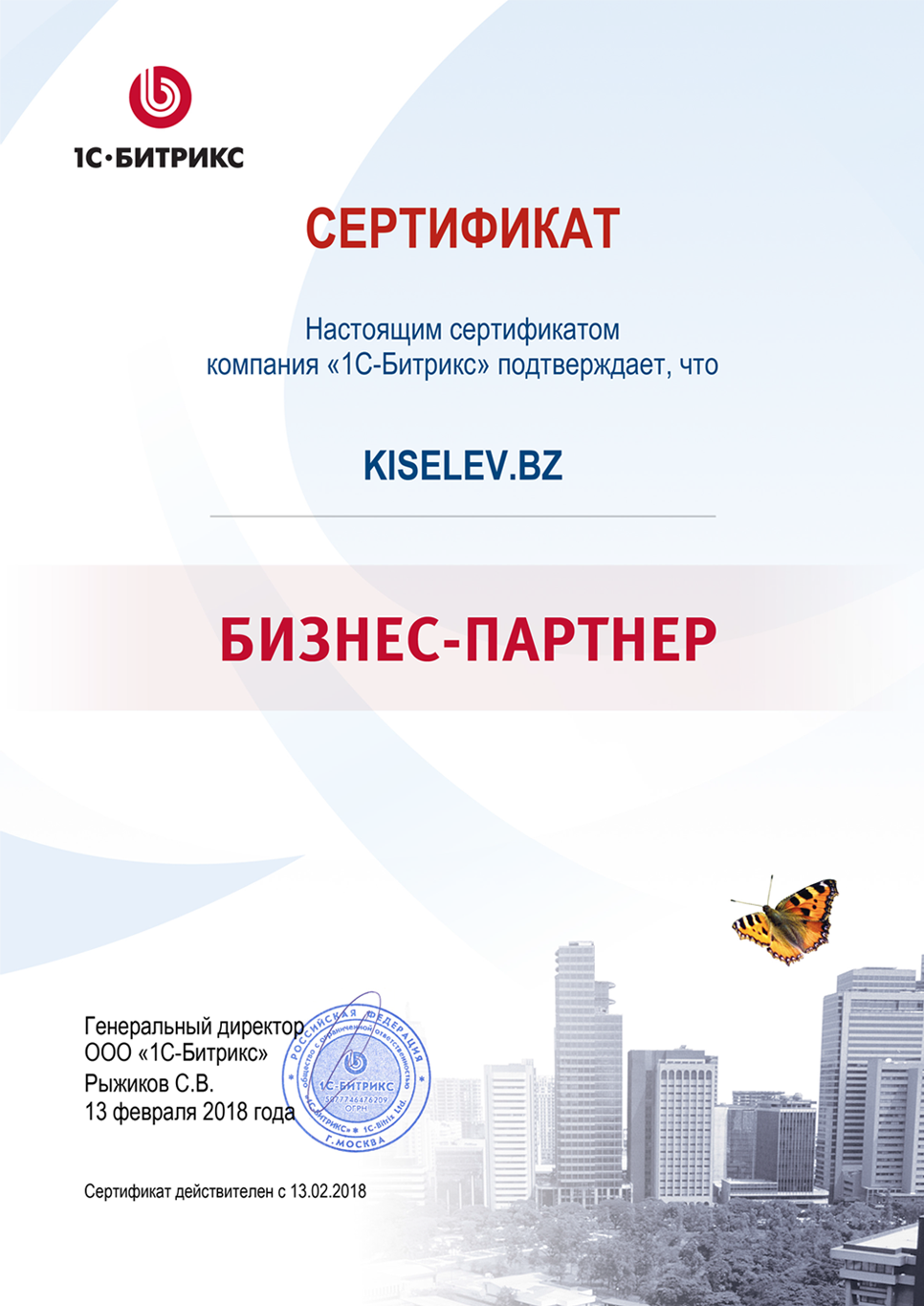 Сертификат партнёра по СРМ системам в Туране